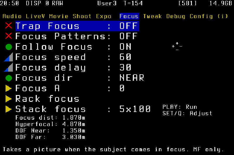 The Focus menu screen from Magic Lantern